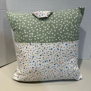 Handmade 16” Green Flannel Reading Pillow with Floral Cotton Pocket